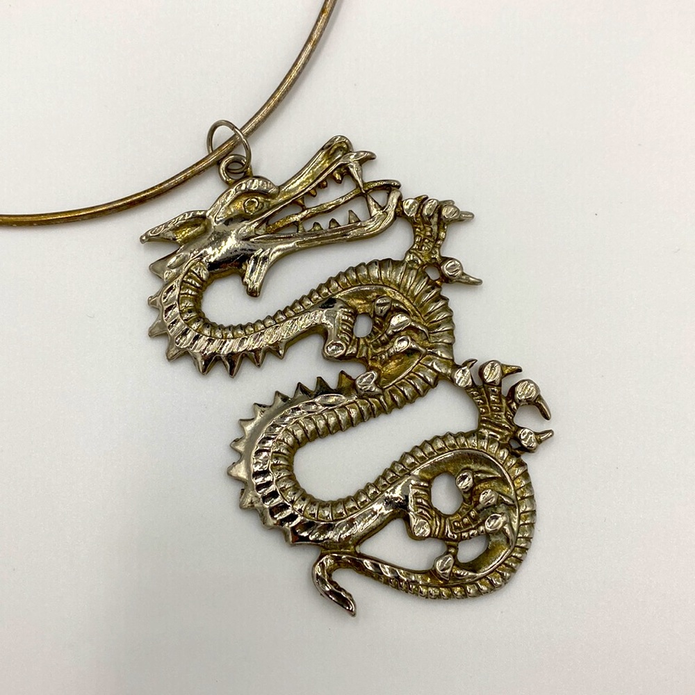 **SOLD** VTG Large Zodiac Dragon Silver Choker Necklace